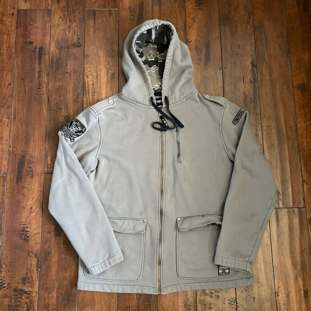 Zoo York Exelsior Full Zip Hoodie Mens L Gray Military Utility Streetwear Y2K